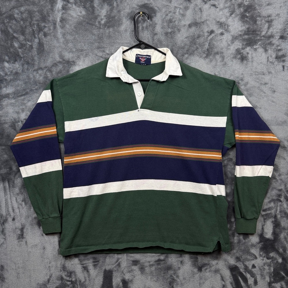 Chesterfield Rugby Shirt Mens XL Green Striped Good Vintage Long Sleeve Polo